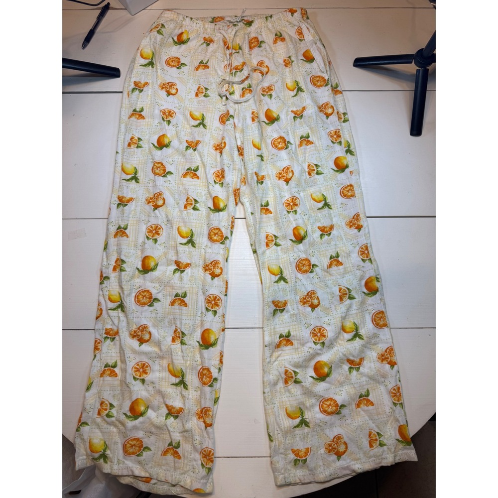 Angel Kiss Orange Lemon Citrus Print Linen Blend Wide Leg Pants Womens Medium